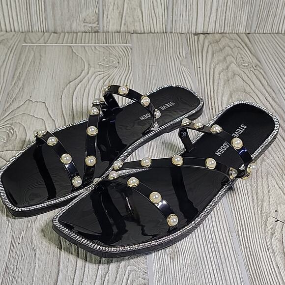 Steve Madden Nonii Black Pearl Embellished Studded Flat Sandals Womens 10 NEW - Picture 12 of 14